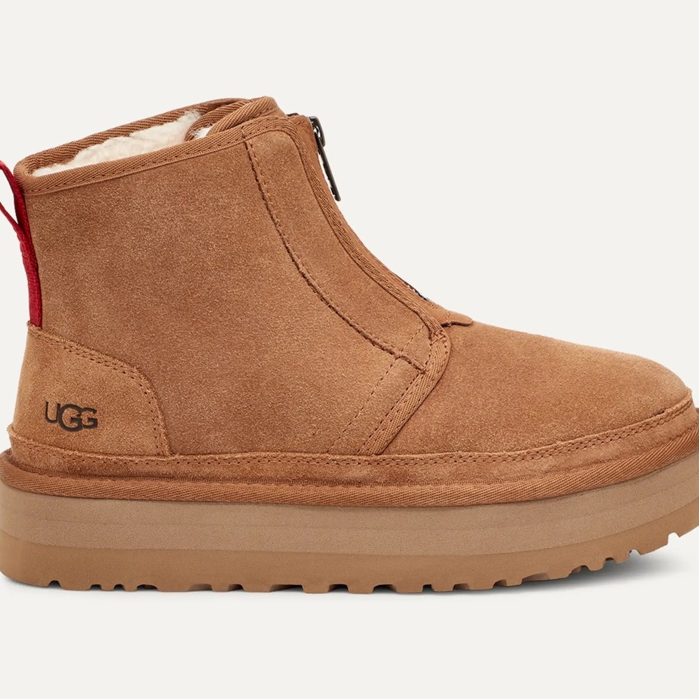 UGG Neumel Platform Suede Zip Boots Chestnut Size 6